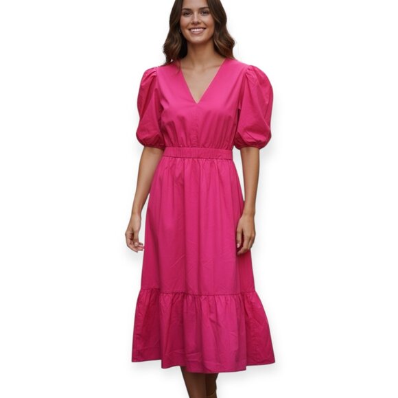 CeCe Women's 3X Hot Pink Puff Sleeve Maxi Dress V-Neck Fit & Flare Tie Waist - Picture 1 of 11